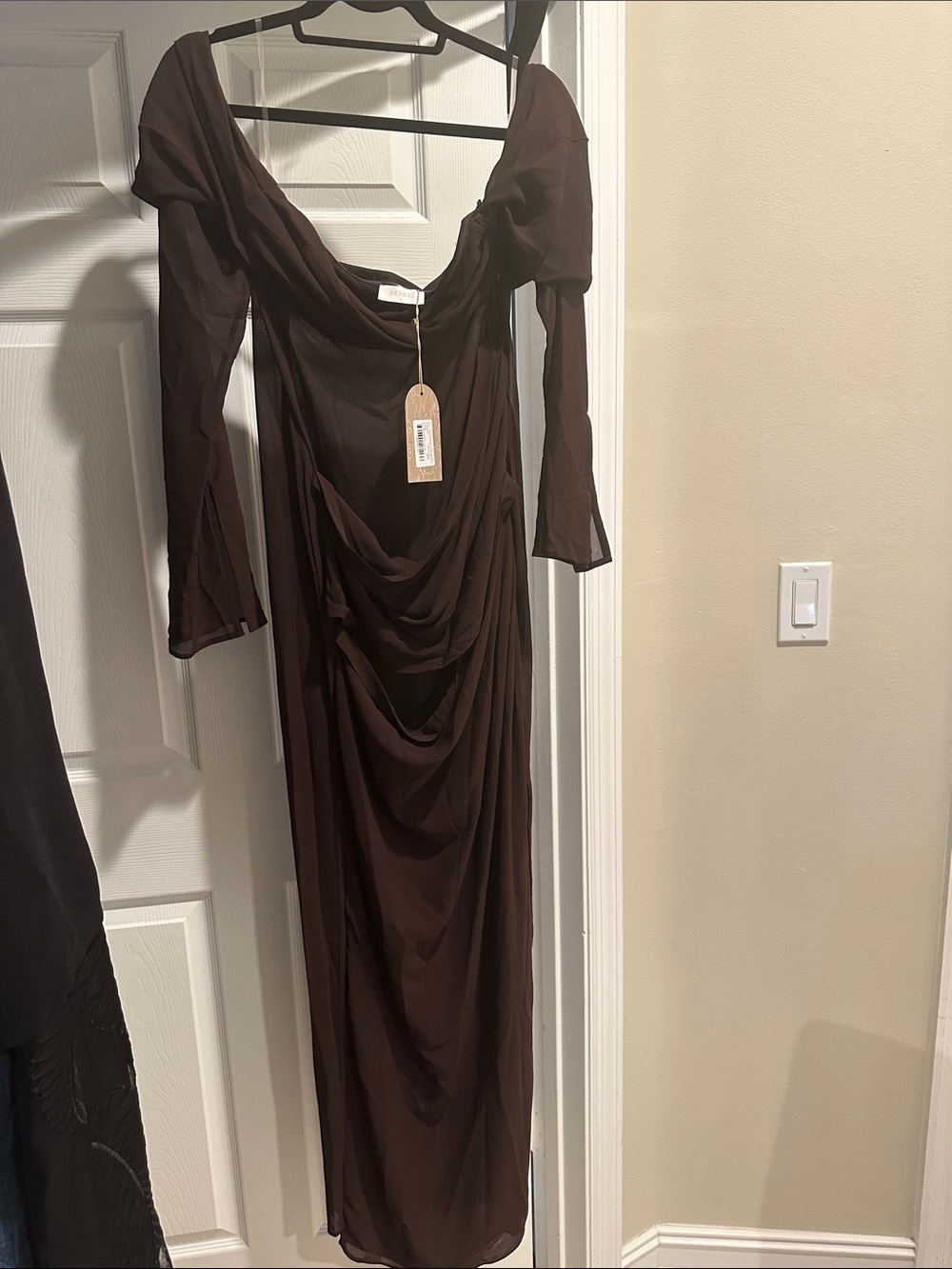 Meshki One-Shoulder Chocolate Brown Evening Dress - Picture 6 of 6